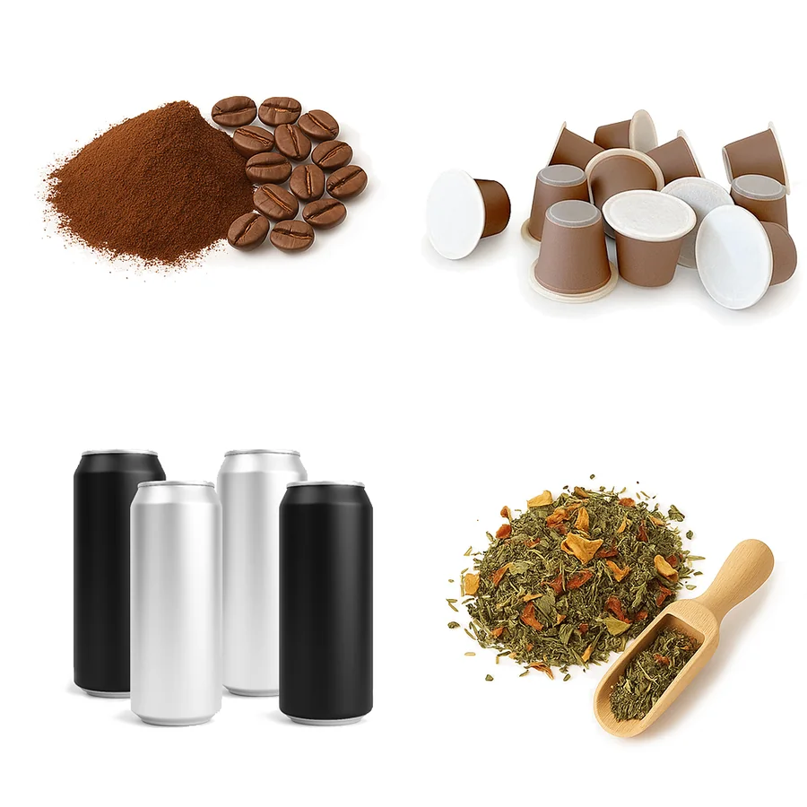 Gemahlener Kaffee und ganze Bohnen, Kaffeekapseln, Getränkedosen und loser Tee